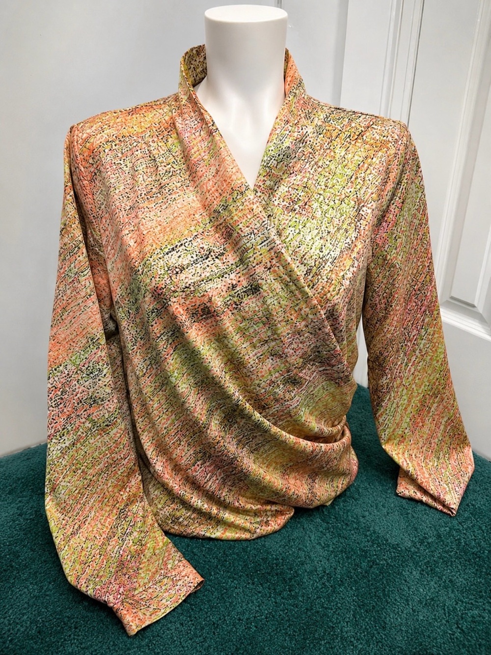 Vintage ‘90s Asymmetrical Draped Abstract Print Blouse Pink Green Black